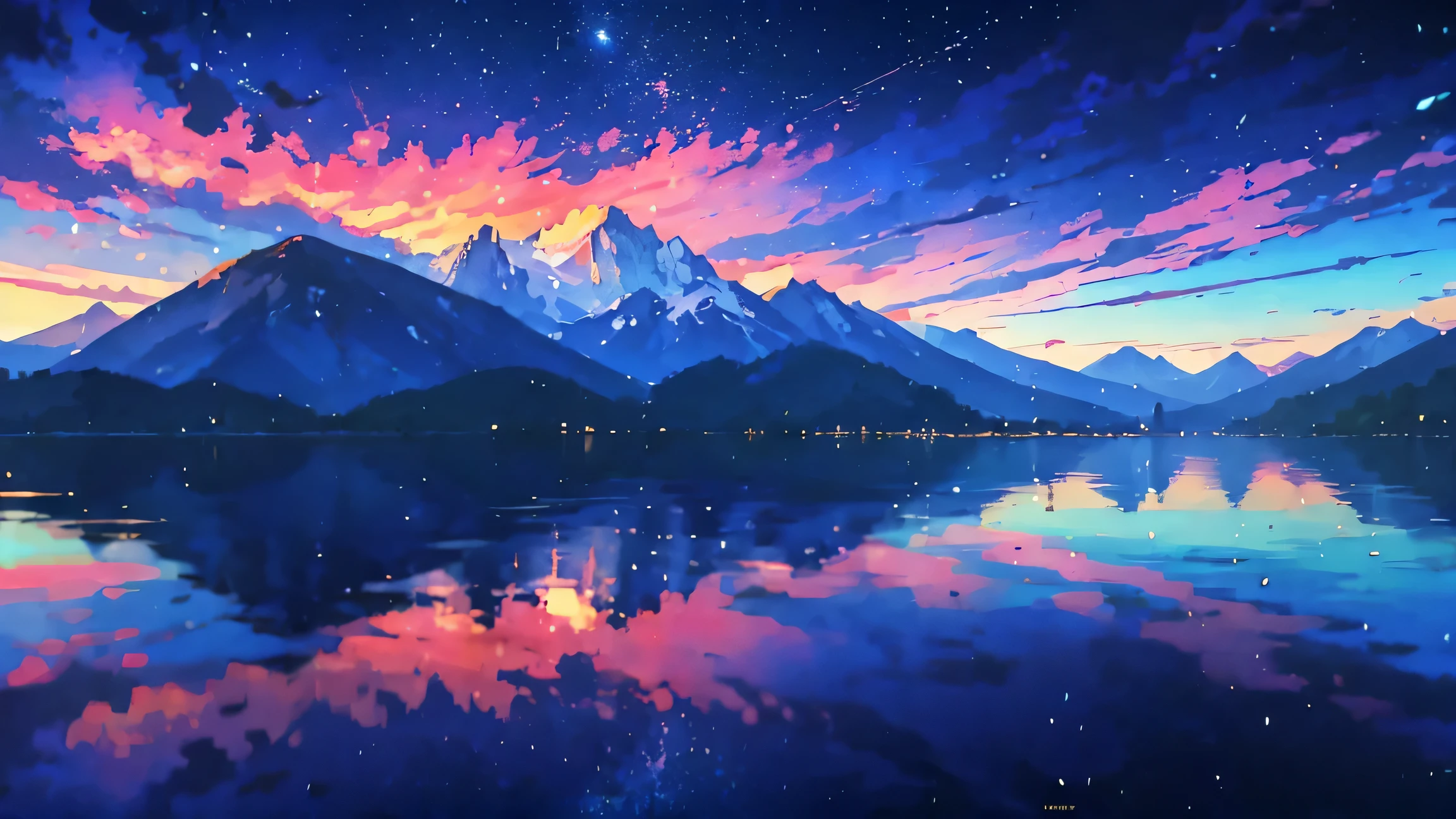 Towering mountains reflected in the calm waters of a clear lake々Painted、Anime-style scene of tranquil scenery. by Makoto Shinkai, anime art wallpaper 4k, anime art wallpaper 4k, Anime Art Wallpapers 8K, anime wallpaper 4k, anime wallpaper 4k, 4k anime wallpaper, Anime Sky, Awesome Wallpapers, Anime Background, Heavenly planets in the background, Anime Background art