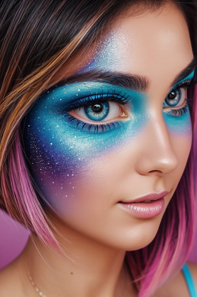 woman face painting In the sparkling eyes have determination Shoulder length short bob The drawing uses bright colors alternating with cool tones, creating a feeling of emotional conflict.