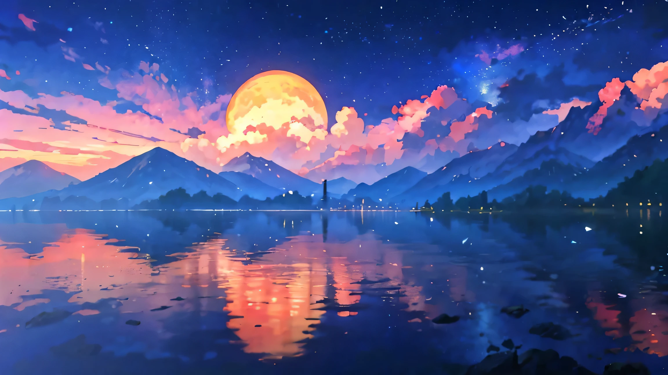 Towering mountains reflected in the calm waters of a clear lake々Painted、Anime-style scene of tranquil scenery. by Makoto Shinkai, anime art wallpaper 4k, anime art wallpaper 4k, Anime Art Wallpapers 8K, anime wallpaper 4k, anime wallpaper 4k, 4k anime wallpaper, Anime Sky, Awesome Wallpapers, Anime Background, Heavenly planets in the background, Anime Background art