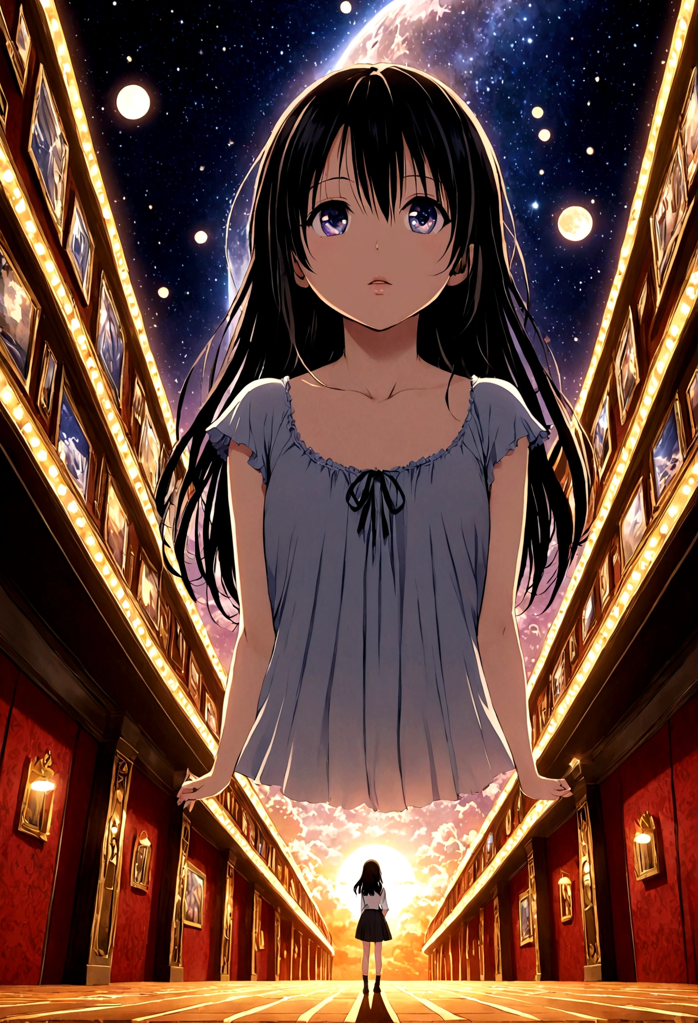 kotegawa yui(woman\(student, 20-year-old, ＪＫ, Long black hair floating, Space-colored eyes, underwear, Pale skin) Looking up at the sky),Inside the room、 Beautiful sky, Beautiful Clouds, (Transparent bubbles shine like prisms here and there in the sky), There is a noon moon and a noon star in the sky, In a crowded downtown, break ,quality\(8k,非常に精細なCGユニットのwallpaper, masterpiece,High resolution,top-quality,top-quality real texture skin,Surreal,Increase the resolution,RAW Photos,最高quality,Very detailed,wallpaper,Cinema Lighting,Ray-tracing,Golden Ratio\),(Long Shot),Wide Shot,