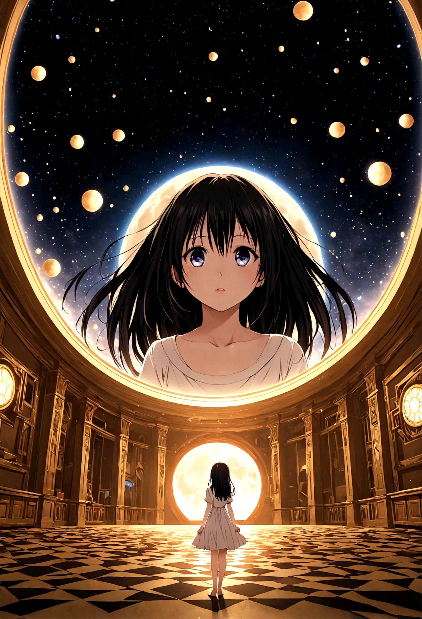 kotegawa yui(woman\(student, 20-year-old, JK, Long black hair floating, Space-colored eyes, underwear, Pale skin) Looking up at the sky),Inside the room、 Beautiful sky, Beautiful Clouds, (Transparent bubbles shine like prisms here and there in the sky), There is a noon moon and a noon star in the sky, In a crowded downtown, break ,quality\(8k,非常に精細なCGユニットのwallpaper, masterpiece,High resolution,top-quality,top-quality real texture skin,Surreal,Increase the resolution,RAW Photos,最高quality,Very detailed,wallpaper,Cinema Lighting,Ray-tracing,Golden Ratio\),(Long Shot),Wide Shot,