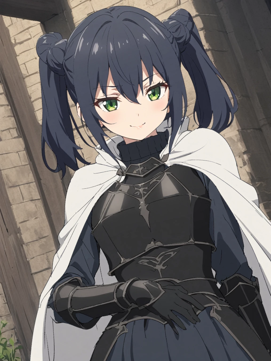 {{upper body, dutch angle}} {{Artist: sincos}} 1girl, solo, dark blue hair, green eyes, medium hair, twintails, double bun, black iron armor, black turtleneck, hair between eyes, long sleeves, smile, black full armor, tsurime, small woman, hand on own waist, black armored dress, black gloves, white cape, tall woman, lips, pov, medieval fantasy.