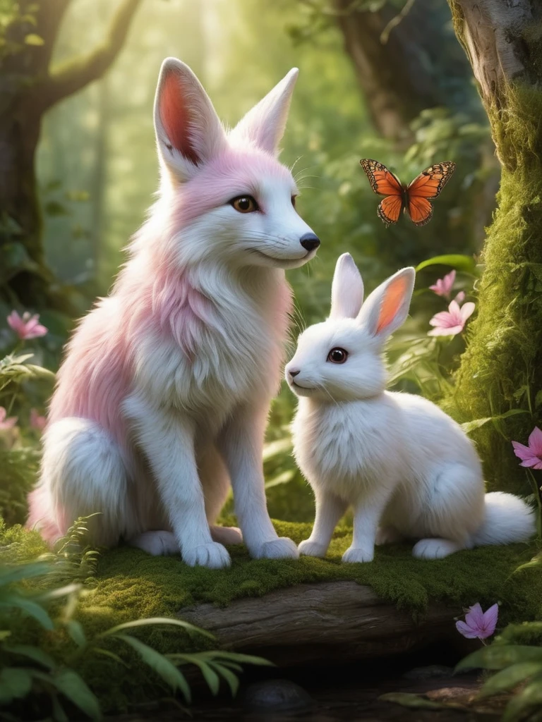 A high-resolution image featuring a realistic of white (1fox) and red (1rabbit) in a cheerful and happy setting. The rabbit, with soft white fur and pink-tinted ears, stands upright, its eyes bright and expressive. The fox, with a lush red coat and a bushy tail, sits nearby, displaying a playful demeanor. The scene is set in a softly lit forest clearing, with golden sunlight filtering through the trees, creating shimmering highlights and emphasizing the animals’ fur. The background is detailed with vibrant green foliage, scattered wildflowers, and additional elements like fallen leaves, soft grass, and small bushes, adding richness and natural beauty. A small wooden bridge or moss-covered rock could be included to enhance the scene’s charm. The overall mood is one of natural joy and tranquility, with butterflies fluttering around and small birds hopping nearby. The design style is reminiscent of a fairytale, with harmonious and beautiful natural elements. The high-detail depiction of the animals’ fur and the sharp, realistic presentation of the grass, leaves, and wildflowers create a vivid and lifelike atmosphere.