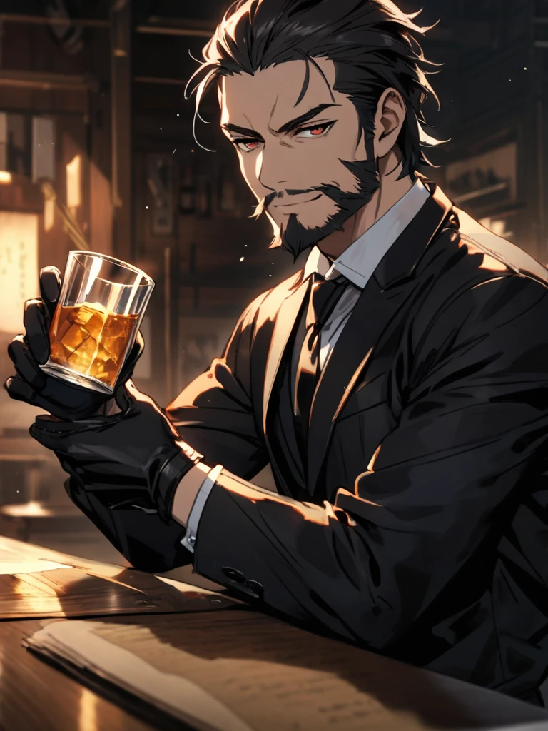 smile,closed mouth,(40-year-old man with dark hair and beard)、Long sleeve black suit、BREAK,Black Leather Gloves、BREAK,White shirt:0.7、BREAK,sharp eyes,Long black hair slicked back、(masterpiece)、(absurdres)、(ultra detailed)、athletic、half-closed eyes,serious,kind、Mustache、
