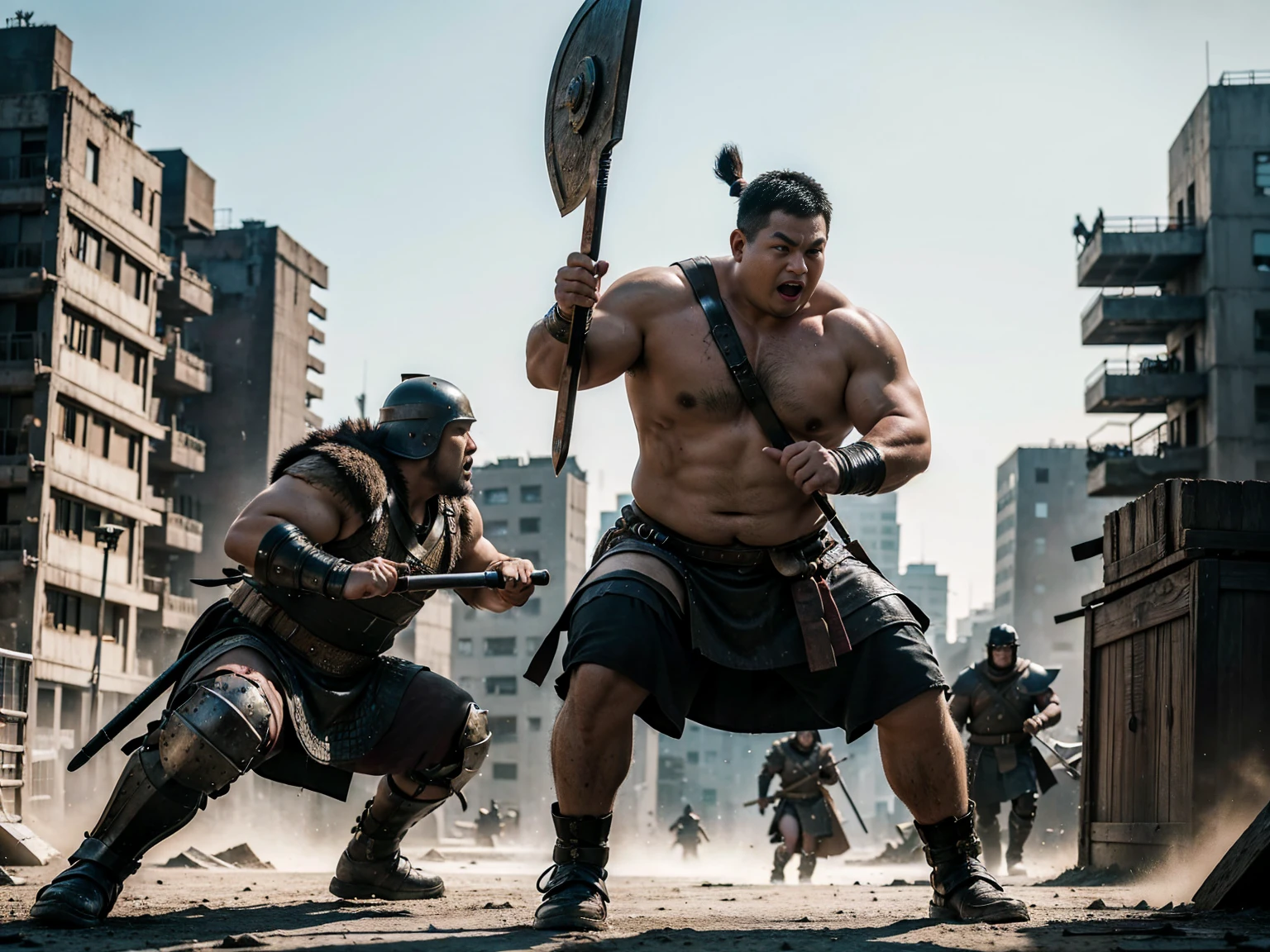 looking at us, Staring Intently, face focus, Bandit, Fat ferocious barbarian:2, This barbarian is a robust stocky Japanese, smirking, lets out a yell, mid combat, intense battle scene, leather and iron armor, armored short skirt, holding a Viking War Axes, viking helmet, legs exposed from thighs to feet, fierce warriors, ancient battlefields, epic showdown, battleground background, breathtaking action, masterpiece, volumetric lighting, Dramatic, Uighur the Warden, breathtaking action, dynamic poses, bald, ((ultra sharp)), ((masterpiece)), ((best quality)), ((ultra detailed)), ((intricate details)), Inguinal region detailed, Dilapidated, destroyed city after big air raids, fire, A desolate, post-apocalyptic cityscape, A brutal scene, casting an ominous shadow,