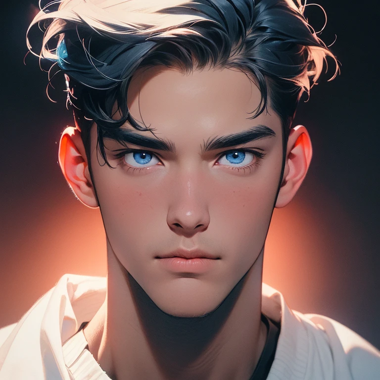 Caucasian man, thin nose, thin lips, blue eyes, Midnight blue hue hair, jock putfit, slightly fleshy undertone, young handsome face, pastel art. Dark background