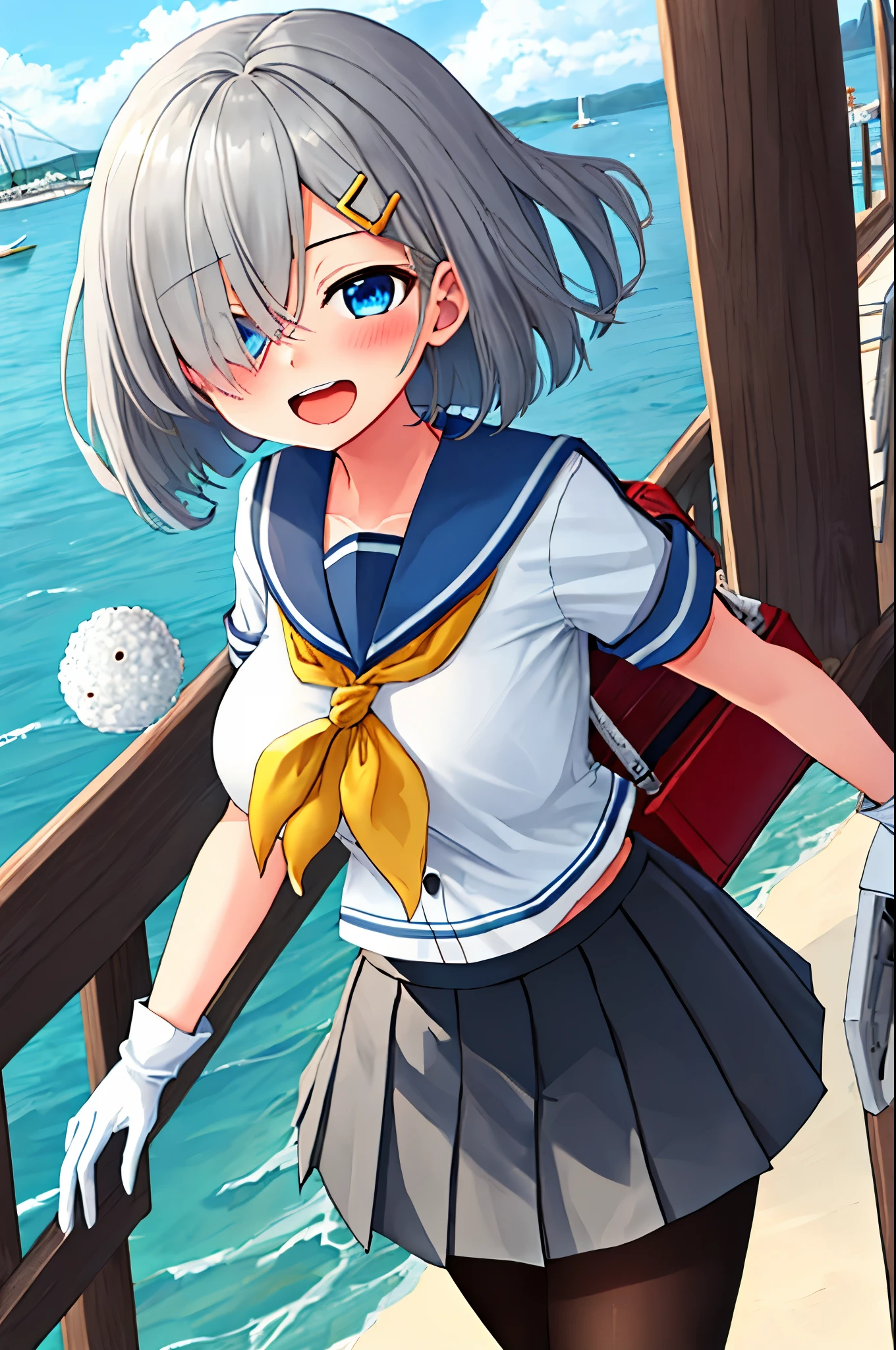 best quality, masterpiece, highres, solo, {hamakaze_kantaicollection:0.90}, 1girl, loli,younger_teen,black_pantyhose, pleated_skirt, serafuku, short_sleeves, simple_background, white_background, yellow_neckerchief, white_gloves, looking_at_viewer, grey_skirt, blush, eyes_visible_through_hair, blue_sailor_collar, dynamic_posing,long_bangs,hair_over_one_eye,harbor_school_background,outdoor,large_breasts,onigiri,riceball,girl_eating_riceball,happy,open_mouth