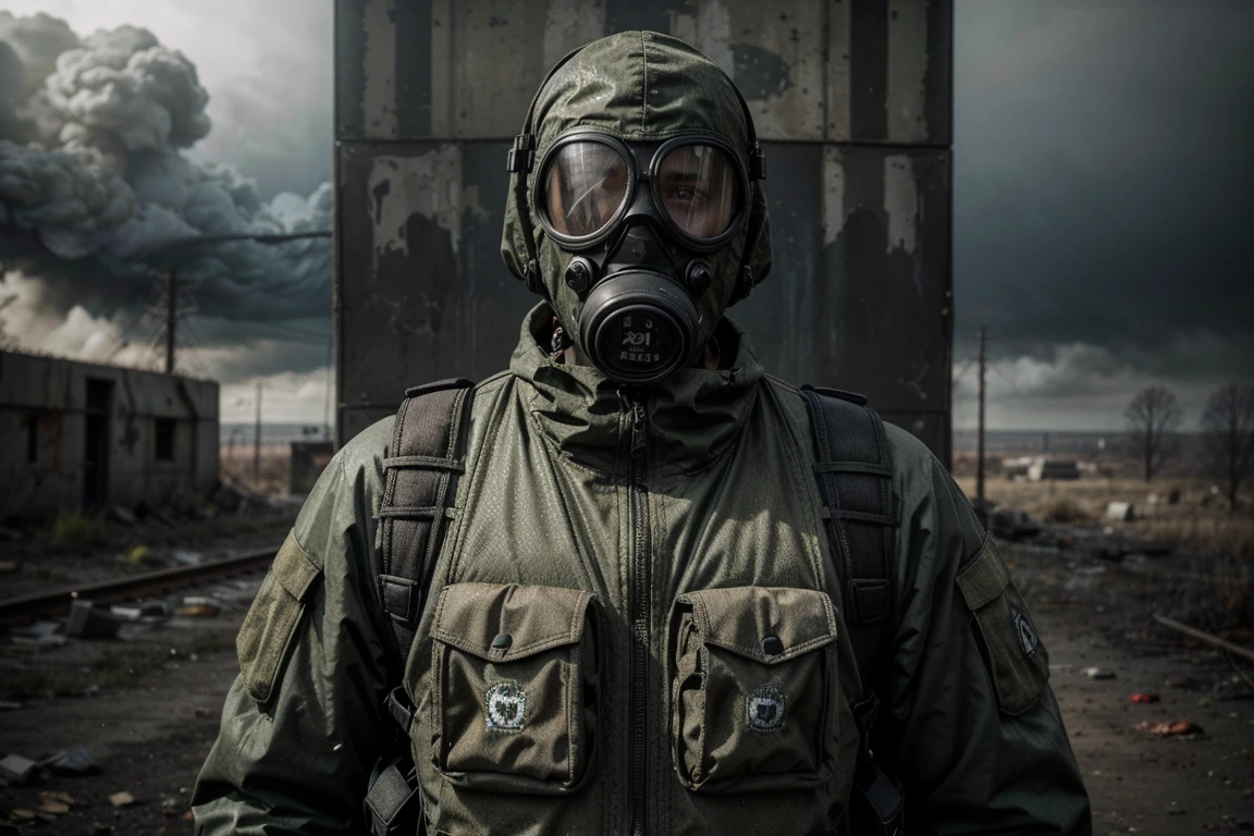 man in gas mask and gas mask holding a gun, heavy bulletproof vest, stalker patch, S.T.A.L.K.E.R., anomaly, USSR, soviet ruins, poison clouds, blood on clothes,