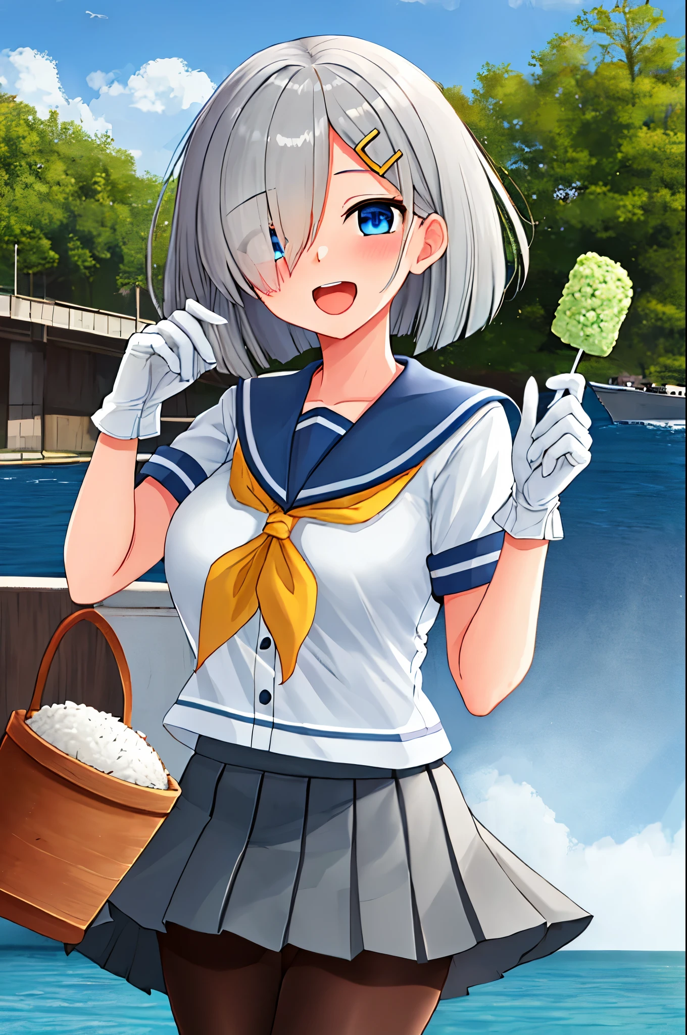 best quality, masterpiece, highres, solo, {hamakaze_kantaicollection:0.90}, 1girl, loli,younger_teen,black_pantyhose, pleated_skirt, serafuku, short_sleeves, simple_background, white_background, yellow_neckerchief, white_gloves, looking_at_viewer, grey_skirt, blush, eyes_visible_through_hair, blue_sailor_collar, dynamic_posing,long_bangs,hair_over_one_eye,harbor_school_background,outdoor,large_breasts,onigiri,riceball,girl_eating_riceball,happy,open_mouth