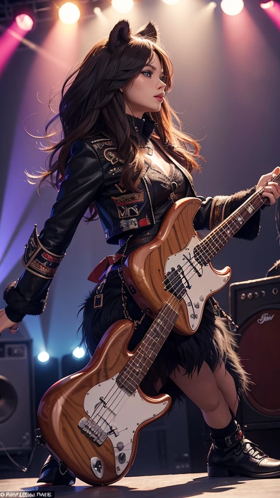 Sure, here is a detailed English prompt to create an AI-generated image of anthropomorphic animals playing musical instruments at a live concert:
---
Create a high-resolution, realistic image depicting a live concert scene where anthropomorphic animals are performing. The band consists of:
1. **Lion** with a majestic mane playing an electric guitar.
2. **White Tiger** with striking blue eyes playing an electric bass.
3. **Wolf** with sharp features playing the drums.
4. **Jaguar** with sleek spots playing the keyboard.
5. **Cheetah** with a lean build and swift appearance as the vocalist.
6. **Bear** with a powerful presence playing a secondary guitar.
7. **Gorilla** with a muscular build playing a synthesizer.
The stage is illuminated with colorful stage lights and the audience is visible, cheering enthusiastically. The animals should be dressed in stylish rock or metal attire, with each one showing expressive, dynamic poses and facial expressions that reflect their engagement with the music. The background includes large speakers, amplifiers, and other concert equipment to enhance the realism of the scene. The overall atmosphere should be vibrant and energetic, capturing the essence of a live rock concert.
---
This prompt should guide the AI to create a vivid and detailed image of the described scene.