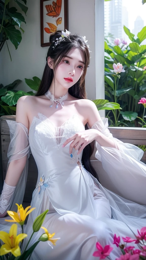 see through、Ren Hao、Show your shoulders、One hand resting on his lips、头发周围有白色Butterfly兰，Lilac dendrobium、orange lily、White Lily、1 girl in、Full body image、white hair、Floating hair、Hazy Beauty、Skin-revealing corset dress，Extremely beautiful facial features、Hairpin on head、Lying in the flowers、Drag your chin with both hands、Perfect hands、Rosette、(spring、Rainy Day、Butterfly、cliff)、 Vector Art、Chinese Contemporary Art、Soft Light、intertwined scarves、look down