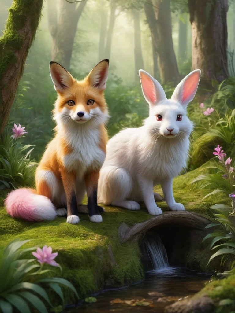 A high-resolution image featuring a realistic of white (1fox) and red (1rabbit) in a cheerful and happy setting. The rabbit, with soft white fur and pink-tinted ears, stands upright, its eyes bright and expressive. The fox, with a lush red coat and a bushy tail, sits nearby, displaying a playful demeanor. The scene is set in a softly lit forest clearing, with golden sunlight filtering through the trees, creating shimmering highlights and emphasizing the animals’ fur. The background is detailed with vibrant green foliage, scattered wildflowers, and additional elements like fallen leaves, soft grass, and small bushes, adding richness and natural beauty. A small wooden bridge or moss-covered rock could be included to enhance the scene’s charm. The overall mood is one of natural joy and tranquility, with butterflies fluttering around and small birds hopping nearby. The design style is reminiscent of a fairytale, with harmonious and beautiful natural elements. The high-detail depiction of the animals’ fur and the sharp, realistic presentation of the grass, leaves, and wildflowers create a vivid and lifelike atmosphere.