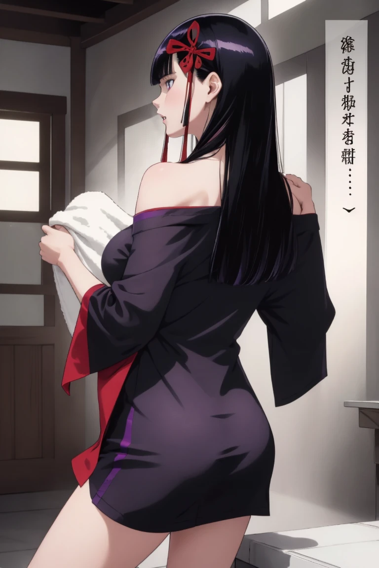 ((best quality)), ((masterpiece)), (detailed), (high resolution), perfect face, 1 Women, (violet slit eyes:1.3), (long black hair), Straight across bangs, (grown-up face:1.4), parted lips, A little big breasts, ((naked towel)), (holding towel:1.2), (towel on leg), lower body, (leaning forward:1.3), (molest), Stimulating, (Embarrassed face), (orgasm:1.2), (anime coloring:1.1), Stimulating, (Yamashiro Ren), Mato Seihei no Slave, looking at viewer, a red hair ribbon, 2d, illustration, from behind,