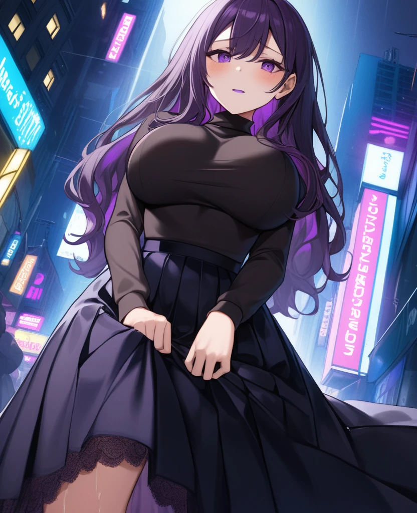 night, Colorful cyberpunk city background, rain, street, (Very long hair:1.25), Dark purple hair, Purple Eyes Shining Eyes, Big Breasts, Turtleneck sweater, (Long skirt:1.25), Colorful Skirts, (Be incontinent:1.5), Stern expression, black, Backlight, shine, Find your audience, Low angle shot, Look up at the camera, Perfect composition, Perfect light and shadow, 8k、Very detailed、Attractive beauty、Beautiful woman、Cool girl、Wavy Hair、blackのドレス、blackパンスト、evil女性幹部、evil堕落、brainwashing、Lace fabric、Shining Legs、blackい口紅、evil表情、Suspicious look、Hollow Eyes、evil、Reaching out、Please raise your hand、At church 、Palms facing forward、Purple Lipstick、meanwhile Very detailed、Attractive beauty、Beautiful woman、Cool girl、Wavy Hair、、evil女性幹部、evil堕落、brainwashing、Lace fabric、Shining Legs、blackい口紅、evil表情、Suspicious look、Hollow Eyes、evil、、Palms facing forward、Purple Lipstick、meanwhile、Legs are too long、Squint your eyes