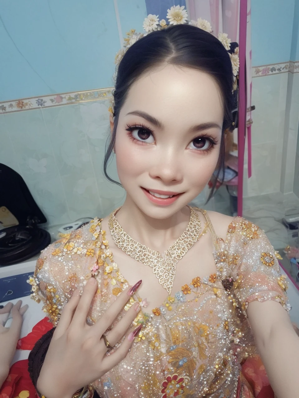 sitting at desk、 girl in,whole body、long hair-, rainbow hair,boots,open mouth,bright smile、kawaii pose、flowing iridescent silk、face、raise your eyes、Colorcon heart pattern、floral dress、There are flowers even in front of me、Sakura petals、season!!: spring☀ 🍂,Doing handicrafts