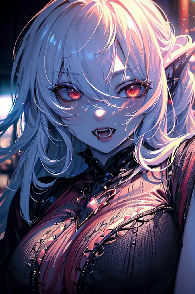 a voluptuous milf vampire with pale skin, red eyes and fangs, (best quality,4k,8k,highres,masterpiece:1.2),ultra-detailed,(realistic,photorealistic,photo-realistic:1.37),HDR,UHD,studio lighting,ultra-fine painting,sharp focus,physically-based rendering,extreme detail description,professional,vivid colors,bokeh,dark gothic portrait,chiaroscuro lighting,dramatic lighting