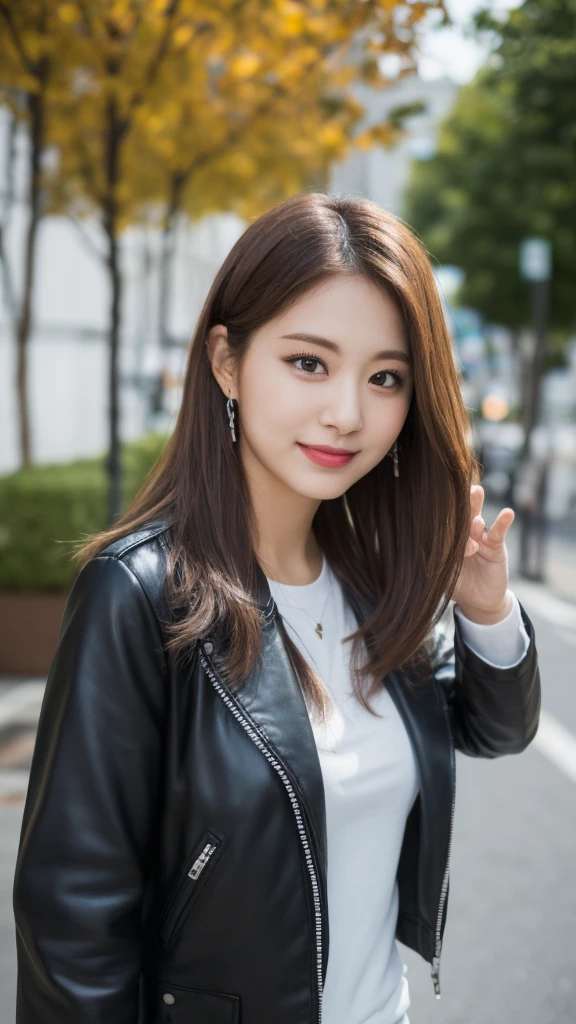 masterpiece, Highest quality, figure, Super detailed, In detail, High resolution, 8k wallpaper, Perfect dynamic composition, from the front, Beautiful attention to detail, ,Medium Wavy Hair,  Wearing an oversized biker jacket:1.2, Long trousers, Natural color lip, Random sexy poses,smile, Aoyama Street Walk, 28 year old girl