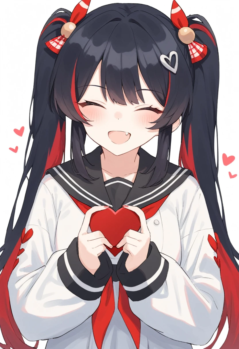 score_9, score_8_superior, score_7_superior, score_6_superior,an anime style picture of a girl with colorful hair holding two hearts, 1girl, multicolored hair, solo, closed eyes, red hair, long hair, twintails, black sailor collar, black hair, smile, sailor collar, jacket, open mouth, hair ornament, fang, long sleeves, heart, blush