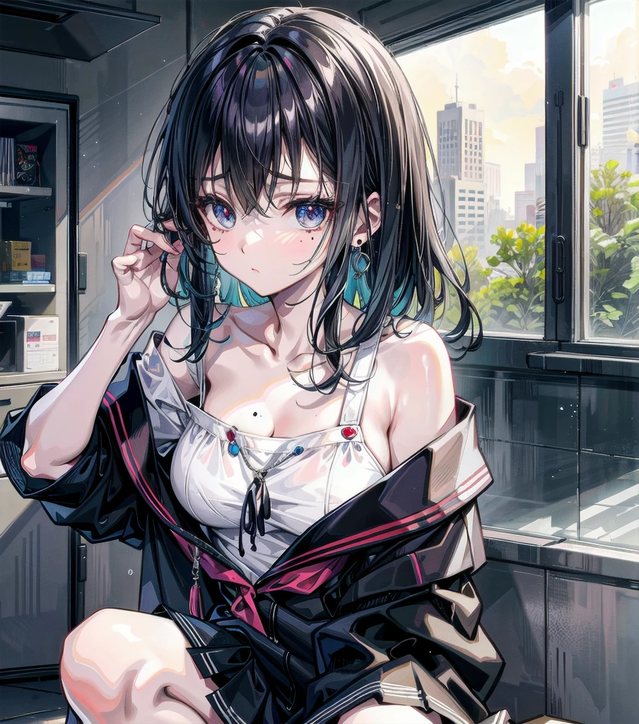 Random pose、cowgirl position、、cowgirl position、Upper body naked、nude、Hide your with your hands、Blushing、Embarrassed expression、、Not wearing a bra、Black Hair、Side Ponytail、Pale purple eyes、、Blushing、lipstick、Perfect hands、Detailed hands、Train seats、hand bra