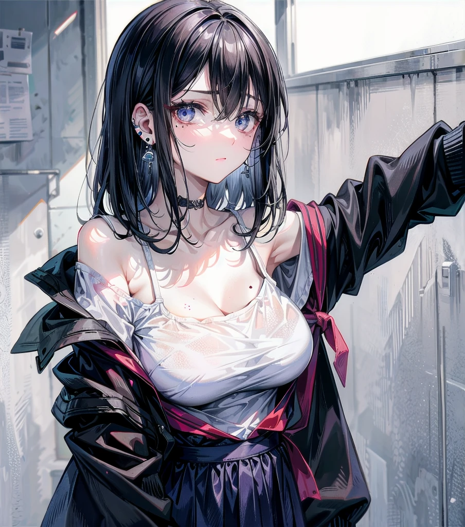 whole body, earring, medium hair, medium tits, tearful mole, off-shoulder, bare collarbone, school_uniform,