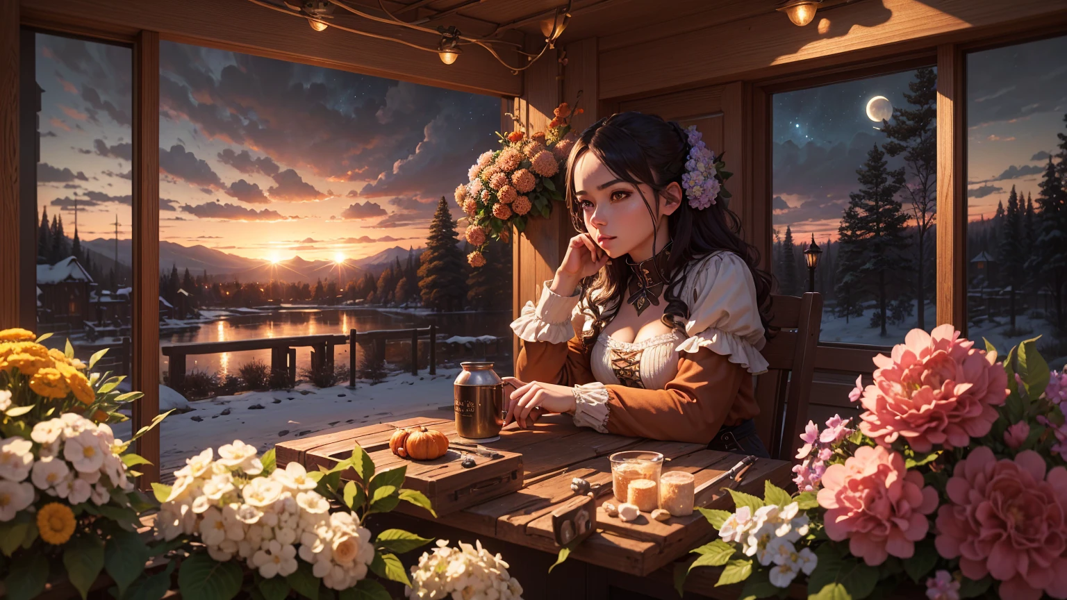 masterpiece, best quality, high quality, Very detailed CG 8k wallpaper unit, landscape, outdoor, Establish, Medieval tavern, Autumn sky, Autumn dusk, Autumn And Winter, cloudy day, The big moon shines, Award-winning photography, Depth of Field, high dynamic range, Flowers, fountain, Hydrangea, Reality, Very detailed, Wheels within wheels, High Detail, Dramatic, Art on the go, Trend at Artstation, Trending in cgsociety, Chromatic Aberration.