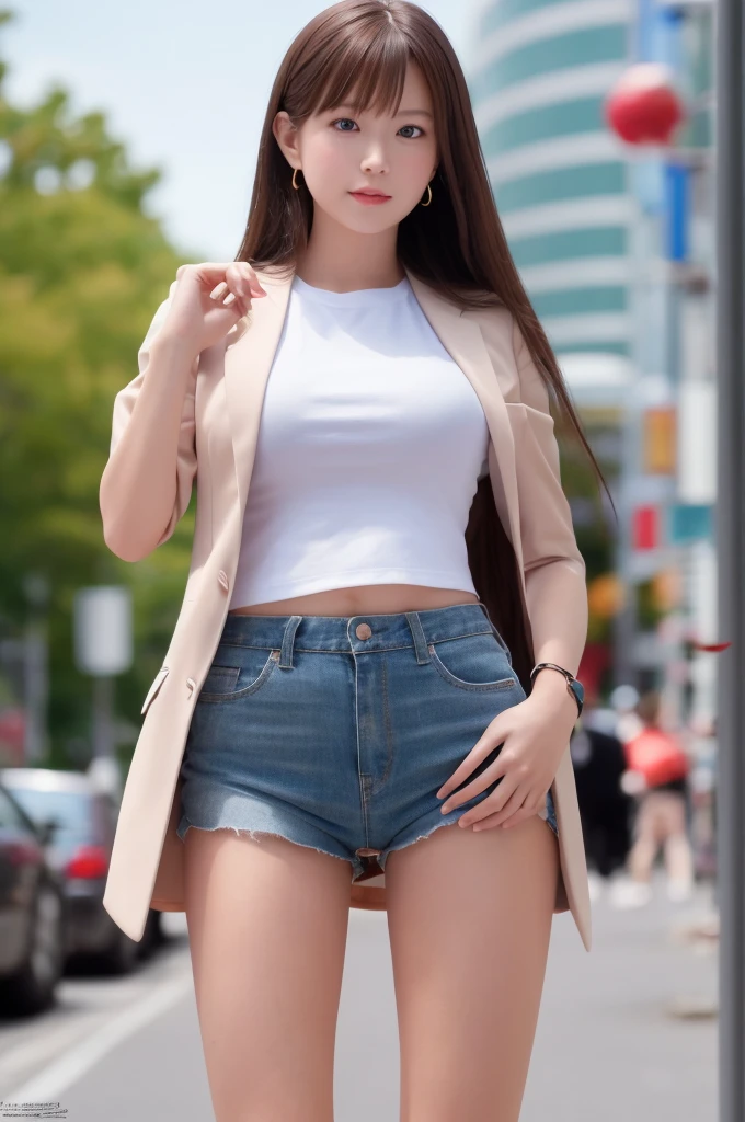 a beautiful face of a 19 year old actress, perfect proportions of woman's body, blazer is worn with t-shirt, woman's crotch and thighs, low rise denim shorts are worn without panties, vagina is able to see because shorts are loose, at street, standing, nsfw, best quality, highly detailed, masterpiece, ultra high res, photo realistic, 8k, japanese