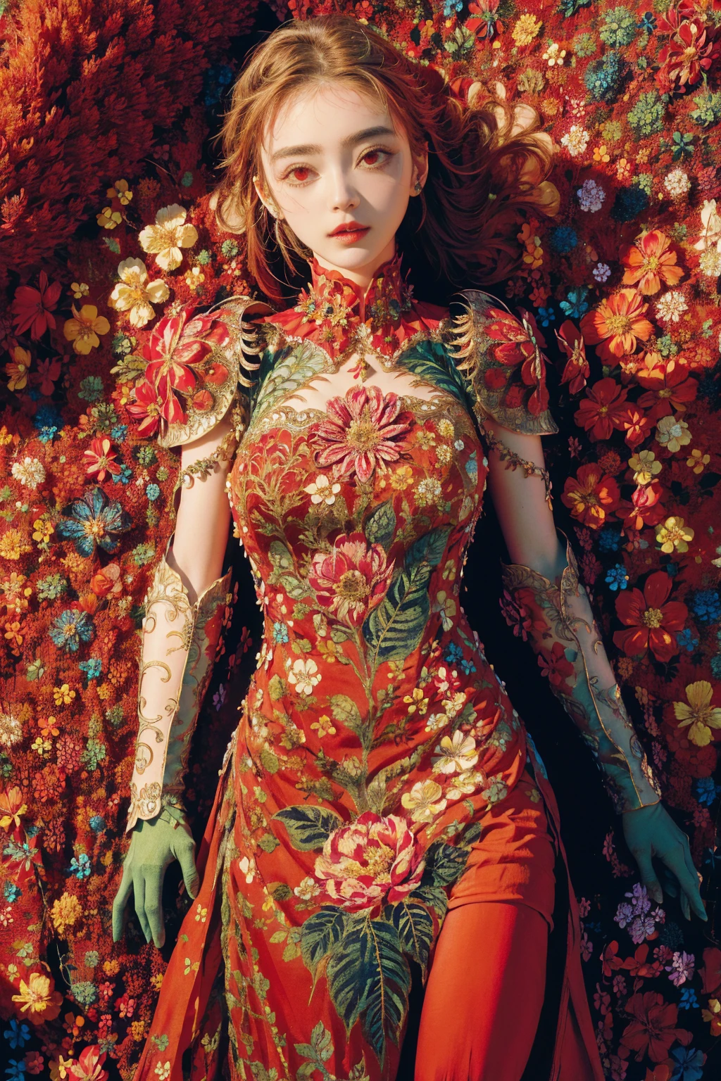 woman, flower dress, colorful, darl background,flower armor,red theme,