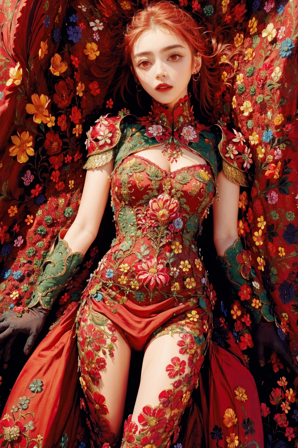 woman, flower dress, colorful, darl background,flower armor,red theme,