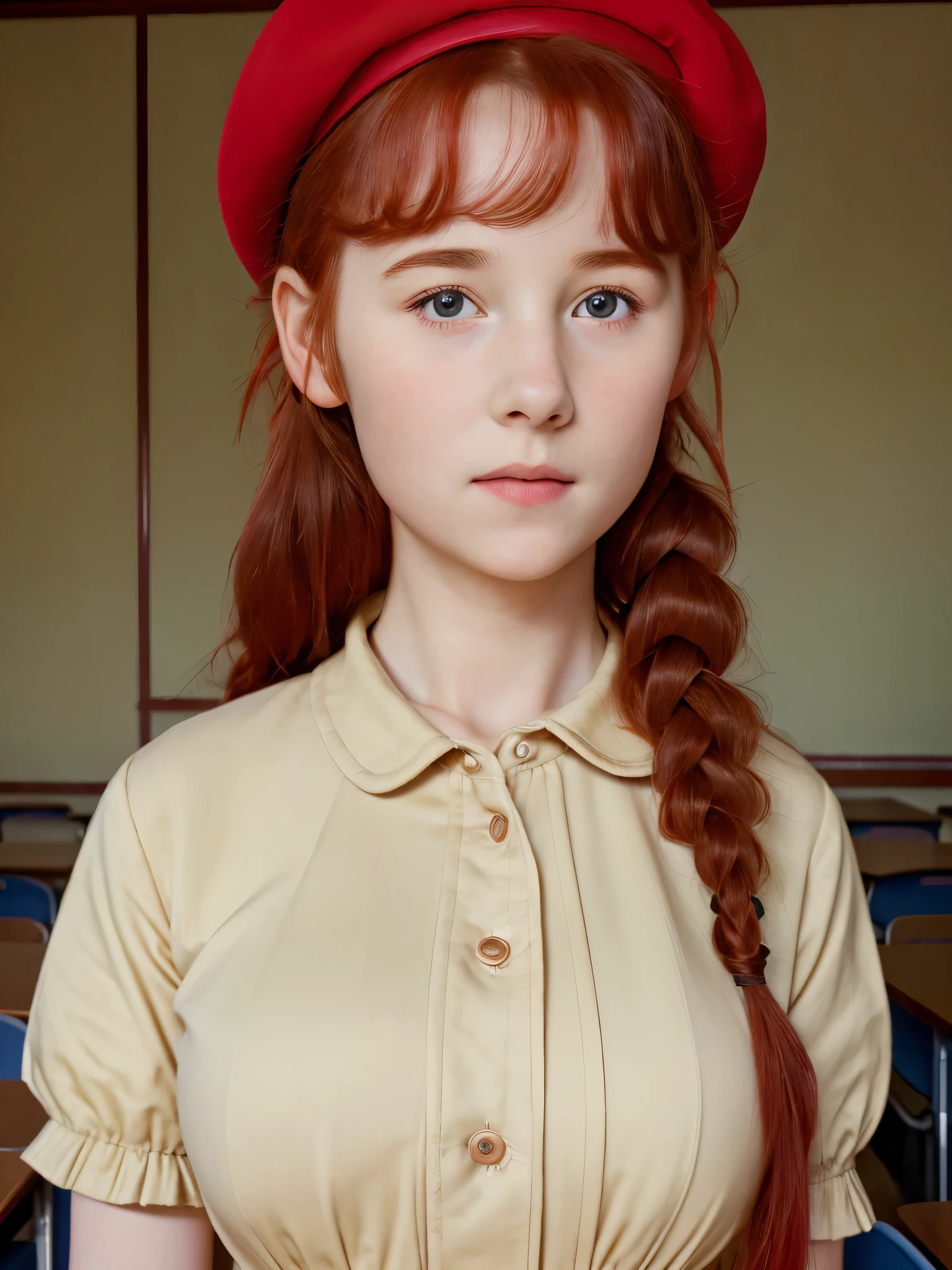 (best quality,4k,8k,highres,masterpiece:1.2),ultra-detailed,(realistic,photorealistic,photo-realistic:1.37), ((classroom, a peasant school girl, she wears beret, solo, shy, braided red hair, pale skin)), ((slim body, very large bust size for her young age))