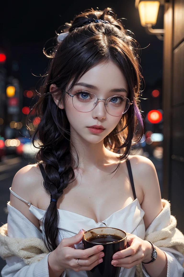 ((best quality)), ((masterpiece)), (detailed), perfect face 1 girl, purple hair, beautiful hair, blue eyes, make up, perfect face, perfect body, winter, tokyo, night, cellphone, glasses, wolf cut hairstyle