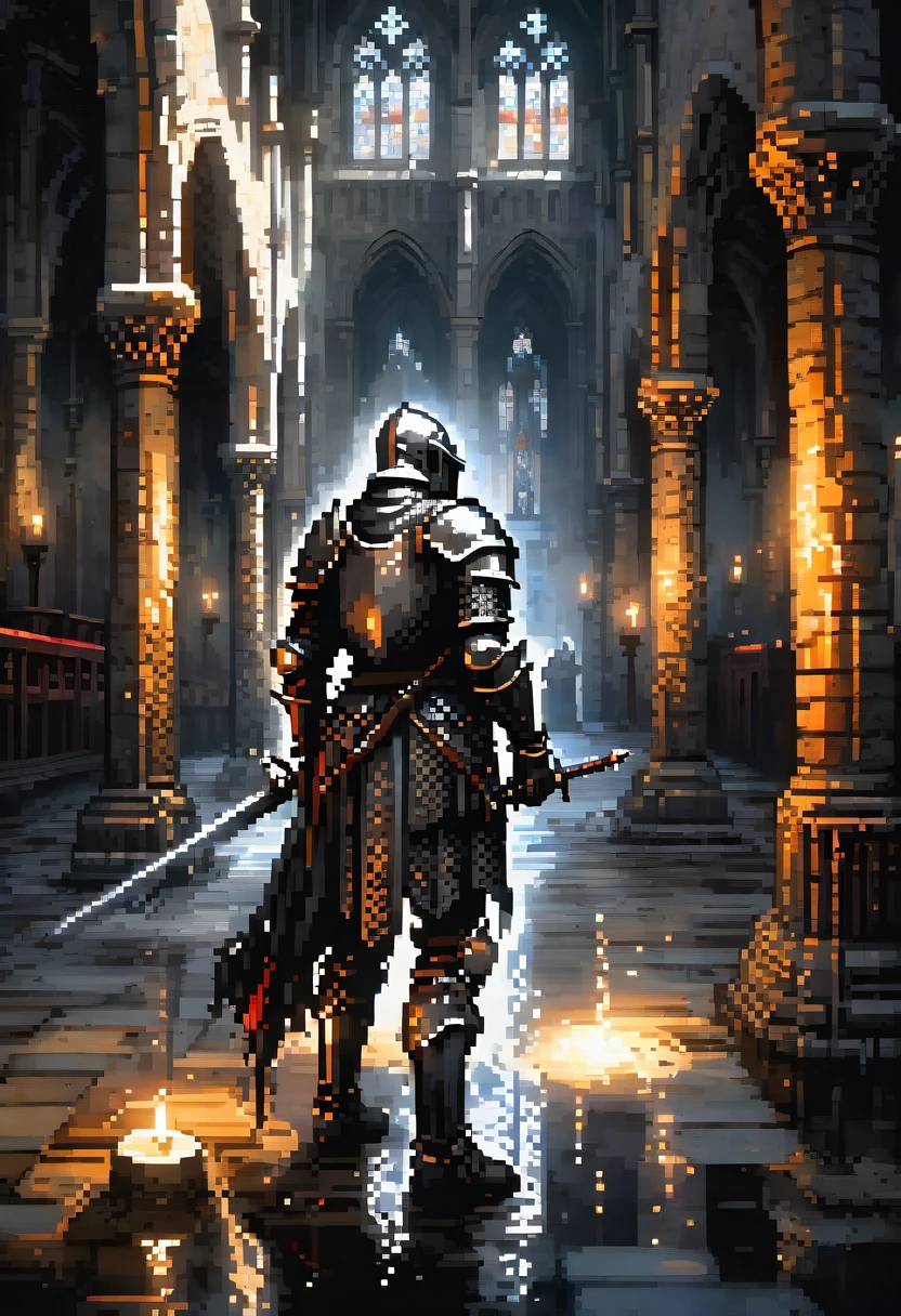 fisheye lens, portrait photo of medieval knight standing inside a gothic church, wet stone, puddles, infinite vaults, bloodborne, dramatic light, low key, candle light, Pixel art