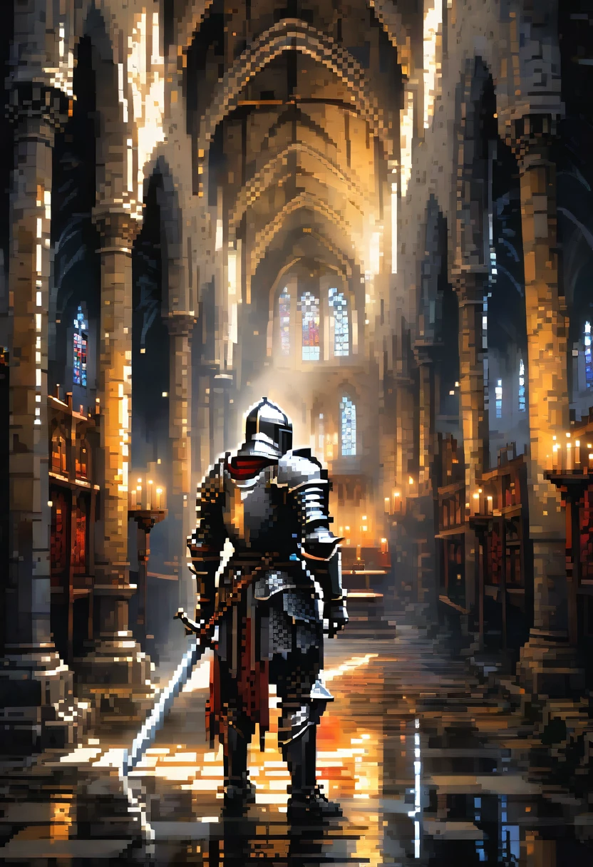 fisheye lens, portrait photo of medieval knight standing inside a gothic church, wet stone, puddles, infinite vaults, bloodborne, dramatic light, low key, candle light, Pixel art
