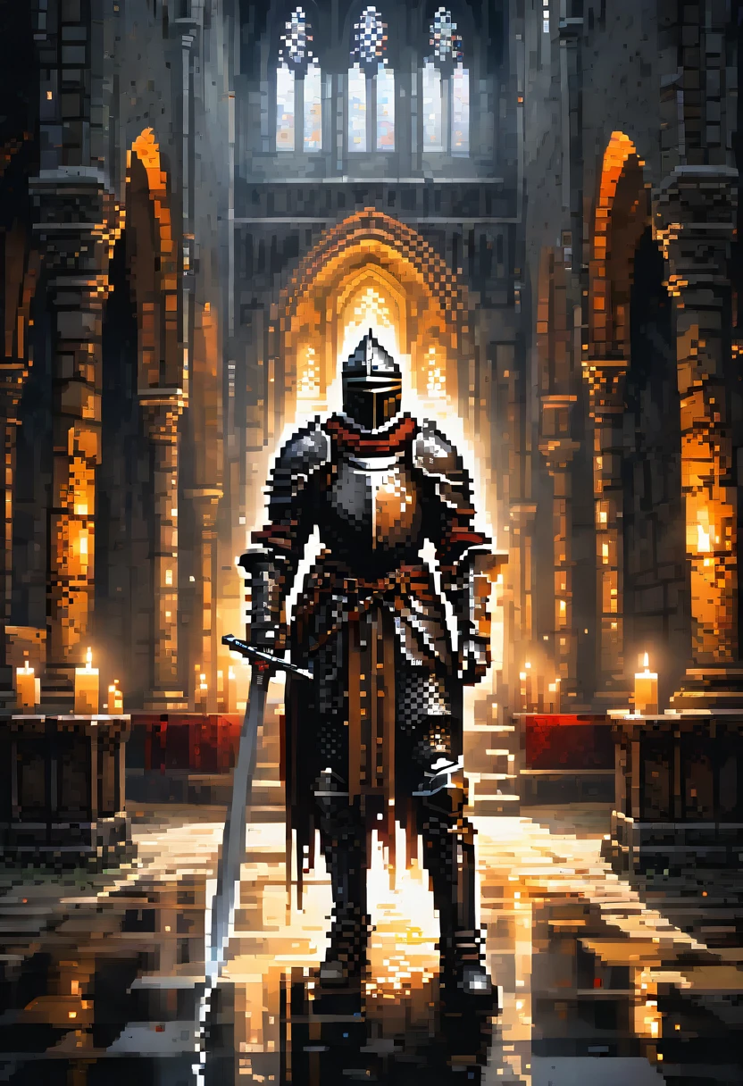 fisheye lens, portrait photo of medieval knight standing inside a gothic church, wet stone, puddles, infinite vaults, bloodborne, dramatic light, low key, candle light, Pixel art