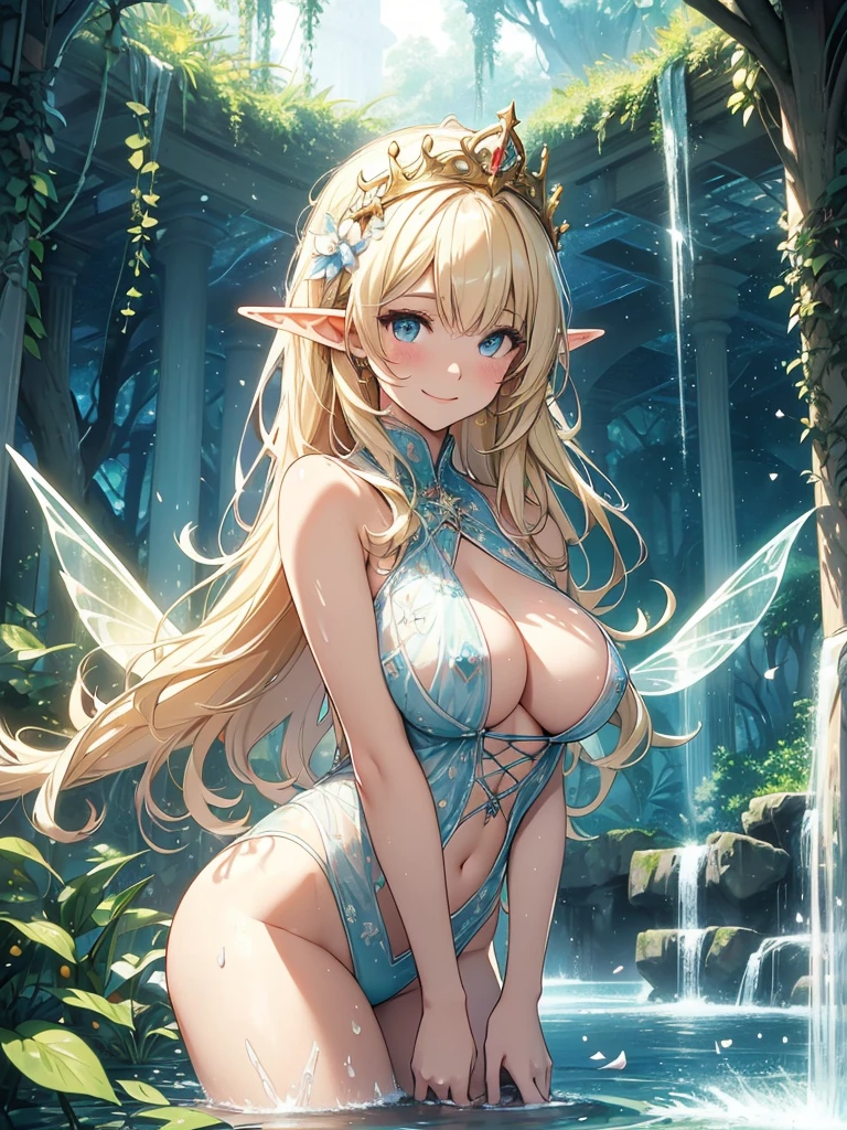 最high quality、1 woman elf 、Bathing、waterfall、CourtyardShining fairy wings、NP: Worst quality ,Flower fractal art　　Wet、Being in the water、see-throughbodystocking,Beautiful side shot, radiance,High-definition depiction, Realistic, 8k, Unity, Wide Shot, light smile, Beautifully and vividly drawn, , Beautiful, beautiful, clear skin、sexy see-through bodystocking,Countless rays of light pouring down, Swirling Light, big background, Raise one arm above your head, Intense light is emitted from the magic circle in front of the girl.   forest、Lots of leaves、Green leaves、flower、Particles of light、((starry night))Particles of light、Galaxies in the universe、星
Romanticism,Cowboy Shot: The most beautiful form of chaos, Mr..々color, Intertwined flowers, Particle,magical gentle light,smile,sexy,image quality、masterpiece、Beautiful Face、Super beautiful elf woman((Big breasted 22 year old office lady、Nipples、Bust 100,Beautiful long ironed hair 、Blonde hair,height: 165cm。、sexy、Esbian、、high quality、、background((Star Narski)))、Starry Sky、Visual art、Written boundary depth、、Elf Ears、、universe、Happy smile、Gentle light、Elf forest、elegant、ticker beautiful decorative、、magic、forest、Beautiful tiara、Beautiful bed、Beautiful Landscape、A kind smile、wonderful、Fluttering petals、Dance happily、、Cultivate fantasy、、Mystery light　Lots of flowers、、art、forest, palace, art,mystery,Ultra-high resolution,atmosphere