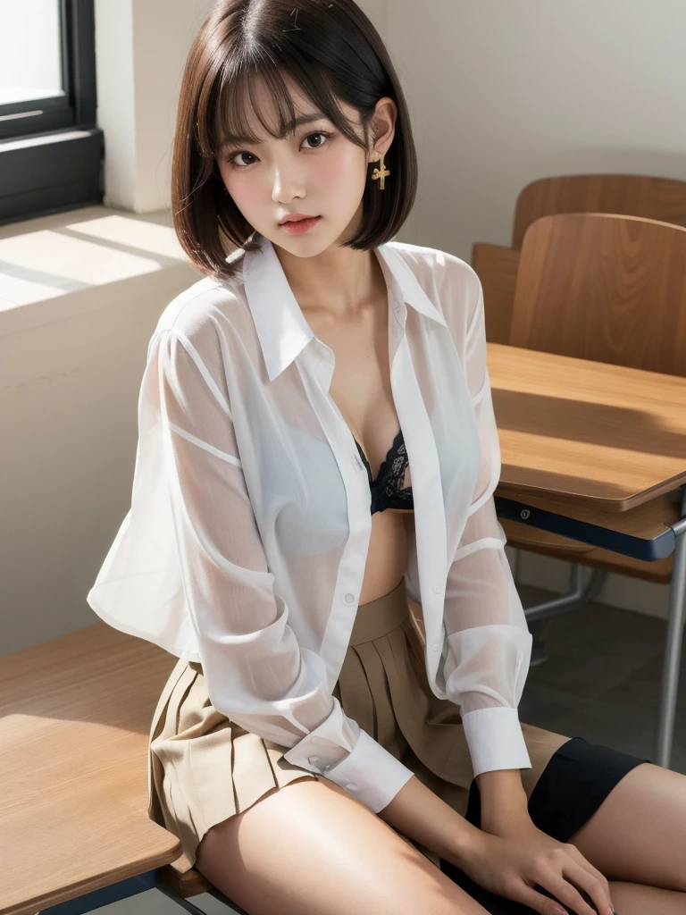 (8k, Photorealistic, Raw photo, Highest quality: 1.4),Japanese idol-style beautiful girl,1 person,,Hairstyle(Short Bob,Black),She has her hair tucked behind her ears,Large, clear grey eyes,Long eyelashes,Plump Cheeks,Thin and delicate shoulders,Cute Bra,thin abdomen,Open shirt(Unbutton the front and open it all the way..4,Hemming out),Pleated skirt,School classroom,(on the desk(sitting cross-legged :1.4)),Full body portrait