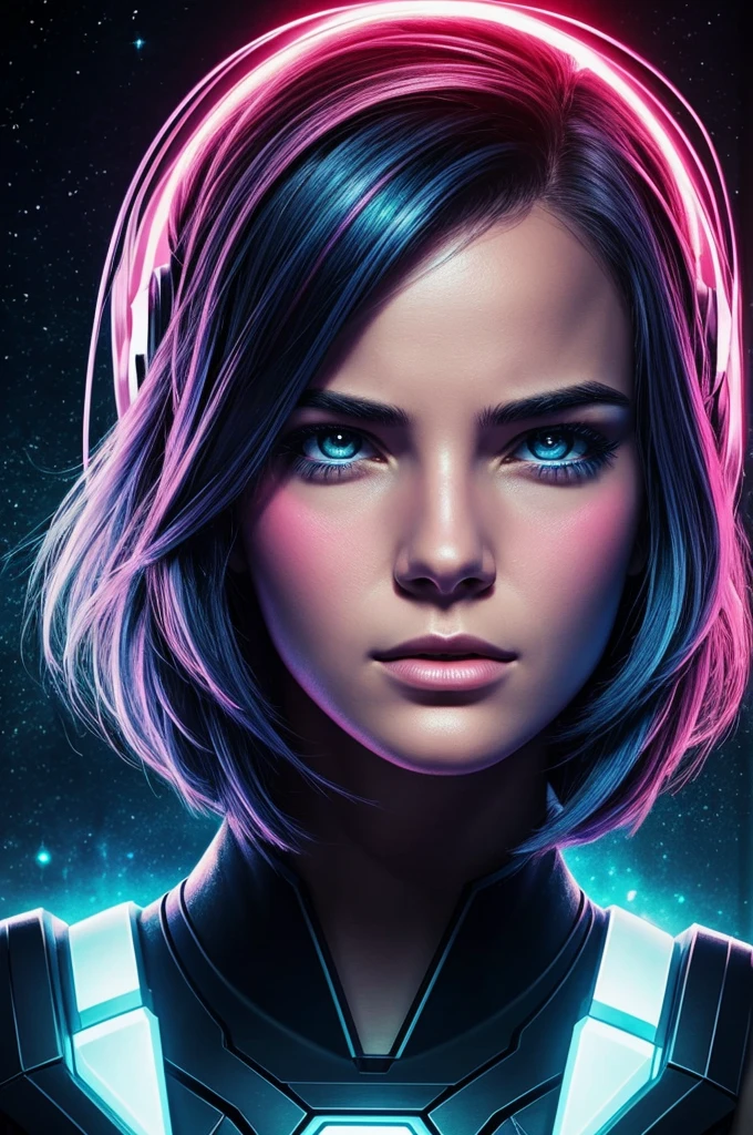 A sci-fi style drawing of a woman's face with determination. Shoulder length short bob The drawing uses bright colors alternating with cool tones, creating a feeling of emotional conflict.