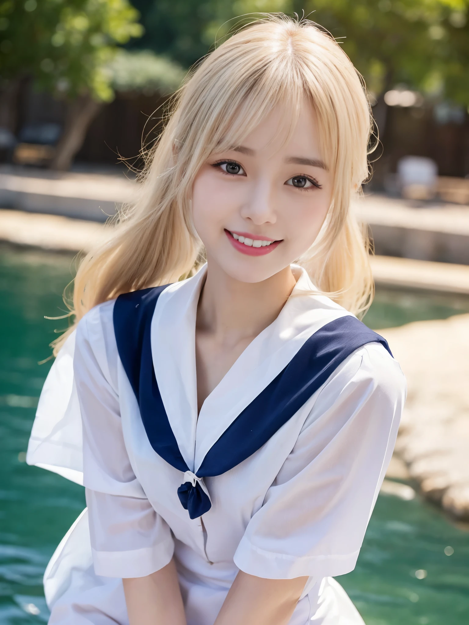 (Cowboy Shot:1.3),( Masterpiece, Highest quality), 98k, ((Perfect Anatomy:1.2)),Beautiful Japanese Women, Succubus,(One person:1.3), 20-year-old, Small face,(Cute face:1.2),Smiling, Larger breasts, ,Beautiful and detailed eyes, Evenly spaced eyes 1.2, long platinum blonde hair,（ponytail:1.2）, (Highly detailed face and skin texture), Beautiful face in golden proportions,White skin,(Sailor suit:1.2),Random sexy poses、(Expose the valley:1.3),(Exposing your thighs:1.2）,Gal Makeup