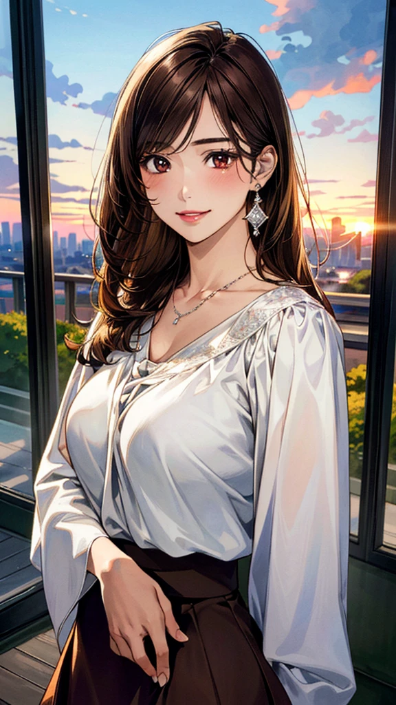 (masterpiece:1.3, highest quality, Ultra-high resolution, Super detailed), (Realistic, photoRealistic:1.4), Beautiful illustrations, Perfect lighting, colorful, Depth of written boundary,
Beautiful detailed hair, Beautifully detailed face, Beautiful fine details, Beautiful clavicle, Beautiful body, Beautiful breasts, Beautiful thighs, Beautiful feet, Beautiful fingers,
View Viewer, Front view:0.6, 1 girl, Japanese, Female college student, Perfect Face, (Perfect Anatomy, Anatomically correct), Cute and symmetrical face, Baby Face, , Shiny skin,
((Brown blouse:1.4, Black long skirt:1.4)),
(Black Hair, Updo Hair:1.4), Brown eyes, Long Eyelashes, (Medium chest), thin,
necklace, Earrings,
(Beautiful views), evening, (city, cityscape in the distance), Are standing, (Place your hand on your chest), (Smile, Lips parted),