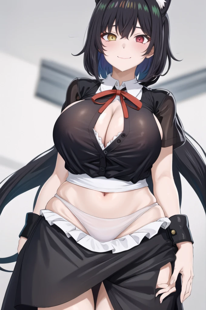 Chomiku Plus Style, Upper Body, Button gap, Neck ribbon, smile, black good, Black Hair, One girl, ponytail, good, Simple Background, White Background, gigantic breasts, See-through, , breast focus, good visible through clothes, Mouth closed, alone, collared shirt, white shirt, Short sleeve, , shirt, underwear,animal ears,heterochromia yellow eyes red eyes,upper body,pov