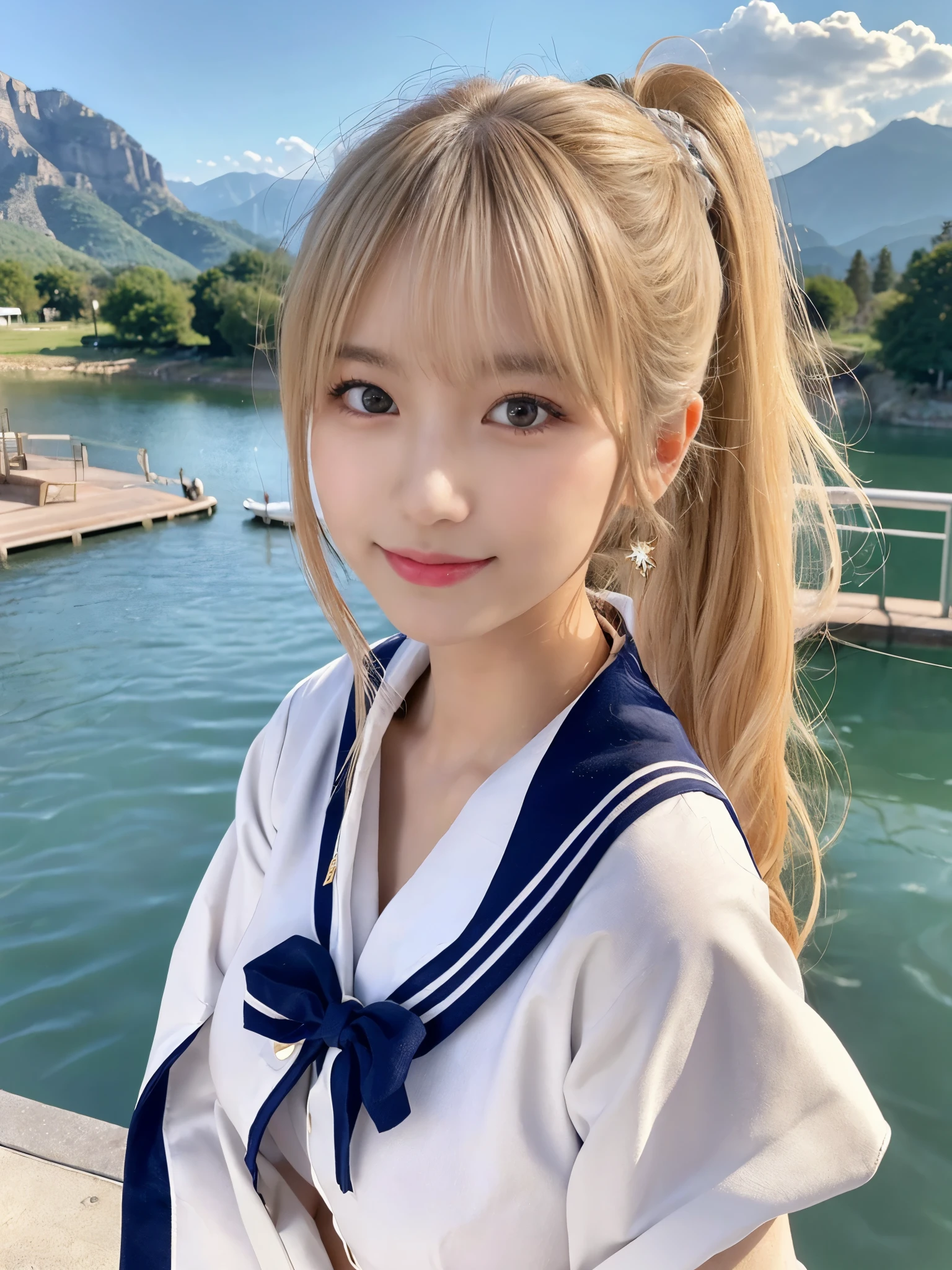 (Cowboy Shot:1.3),( Masterpiece, Highest quality), 98k, ((Perfect Anatomy:1.2)),Beautiful Japanese Women, Succubus,(One person:1.3), 20-year-old, Small face,(Cute face:1.2),Smiling, Larger breasts, ,Beautiful and detailed eyes, Evenly spaced eyes 1.2, long platinum blonde hair,(ponytail:1.2), (Highly detailed face and skin texture), Beautiful face in golden proportions,White skin,(Sailor suit:1.2),Random sexy poses、(Expose the valley:1.3),(Exposing your thighs:1.2)