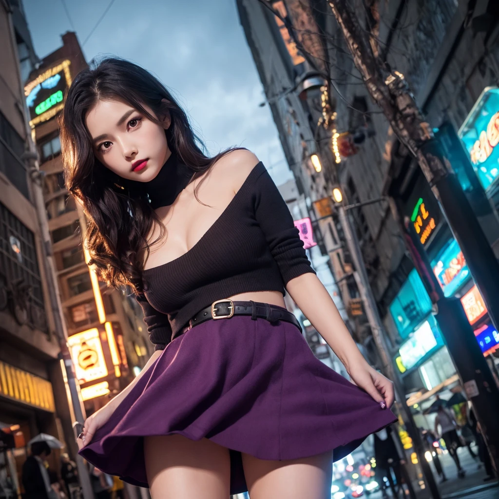 night, Colorful cyberpunk city background, rain, street, (Very long hair:1.25), Dark purple hair, Purple Eyes Shining Eyes, Big Breasts, Turtleneck sweater, (Long skirt:1.25), Colorful Skirts, (Be incontinent:1.5), Stern expression, black, Backlight, shine, Find your audience, Low angle shot, Look up at the camera, Perfect composition, Perfect light and shadow, 8k、Very detailed、Attractive beauty、Beautiful woman、Cool girl、Wavy Hair、blackのドレス、blackパンスト、evil女性幹部、evil堕落、brainwashing、Lace fabric、Shining Legs、blackい口紅、evil表情、Suspicious look、Hollow Eyes、evil、Reaching out、Please raise your hand、At church 、Palms facing forward、Purple Lipstick、meanwhile Very detailed、Attractive beauty、Beautiful woman、Cool girl、Wavy Hair、、evil女性幹部、evil堕落、brainwashing、Lace fabric、Shining Legs、blackい口紅、evil表情、Suspicious look、Hollow Eyes、evil、、Palms facing forward、Purple Lipstick、meanwhile、Legs are too long、Squint your eyes