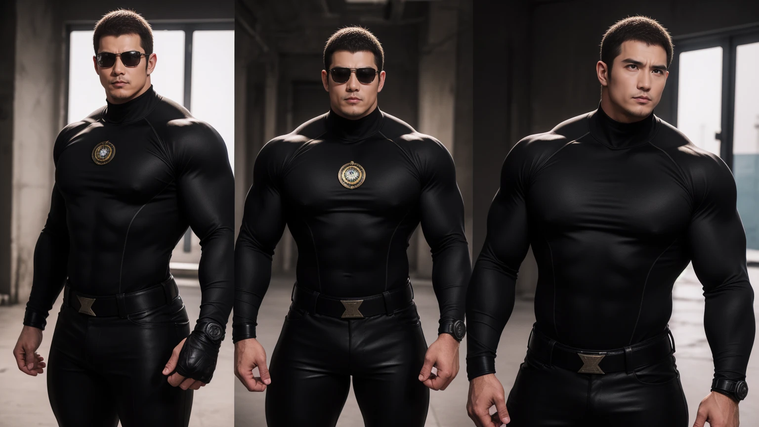 Super muscular man hugging, Sad eyes,Wear sunglasses,They embrace affectionately,short hair,On a vintage outdoor street under the hot sun, Wear long sleeves, Deep turtleneck bodysuit, Thickened warm elastic texture,The clothes are dirty,There are mud stains,Looks sad, Thick thighs, messy hair, Thick thighs, High target-necked long-sleeved dark yellow high-necked tights, very tight, Regular symmetrical pattern, High targetlight muscles, Police uniform pants, character concept(Resident Evil - chris redfield, chris redfield)A proud expression, Deep and charming eyes, Valiant male pose, tall Burly, muscular!muscular thighs, Tough Guy, Perfect facial features, High target, Burly, Heqiang, Super exquisite and cool, High target Resolution Committee, Attractive, The sun is blazing, Dazzling