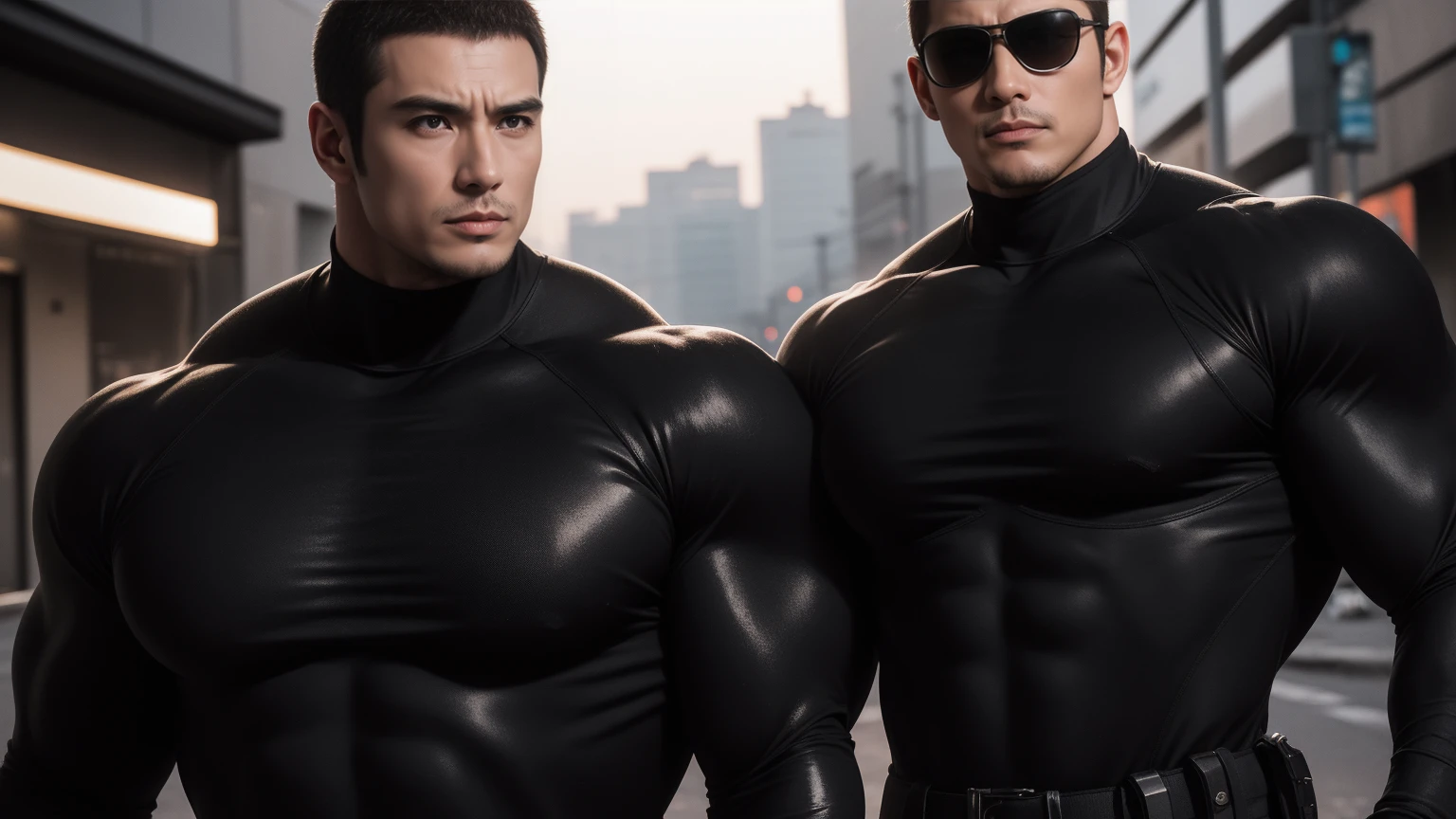 Super muscular man hugging, Sad eyes,Wear sunglasses,They embrace affectionately,short hair,On a vintage outdoor street under the hot sun, Wear long sleeves, Deep turtleneck bodysuit, Thickened warm elastic texture,The clothes are dirty,There are mud stains,Looks sad, Thick thighs, messy hair, Thick thighs, High target-necked long-sleeved dark yellow high-necked tights, very tight, Regular symmetrical pattern, High targetlight muscles, Police uniform pants, character concept(Resident Evil - chris redfield, chris redfield)A proud expression, Deep and charming eyes, Valiant male pose, tall Burly, muscular!muscular thighs, Tough Guy, Perfect facial features, High target, Burly, Heqiang, Super exquisite and cool, High target Resolution Committee, Attractive, The sun is blazing, Dazzling