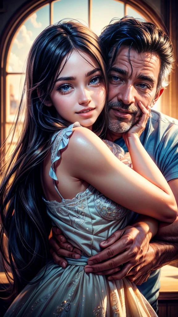 a happy young girl celebrating father's day with her beloved father, beautiful detailed eyes, beautiful detailed lips, extremely detailed eyes and face, long eyelashes, warm embrace, joyful expressions, soft lighting, vibrant colors, photorealistic, 8k, masterpiece, digital art, cinematic