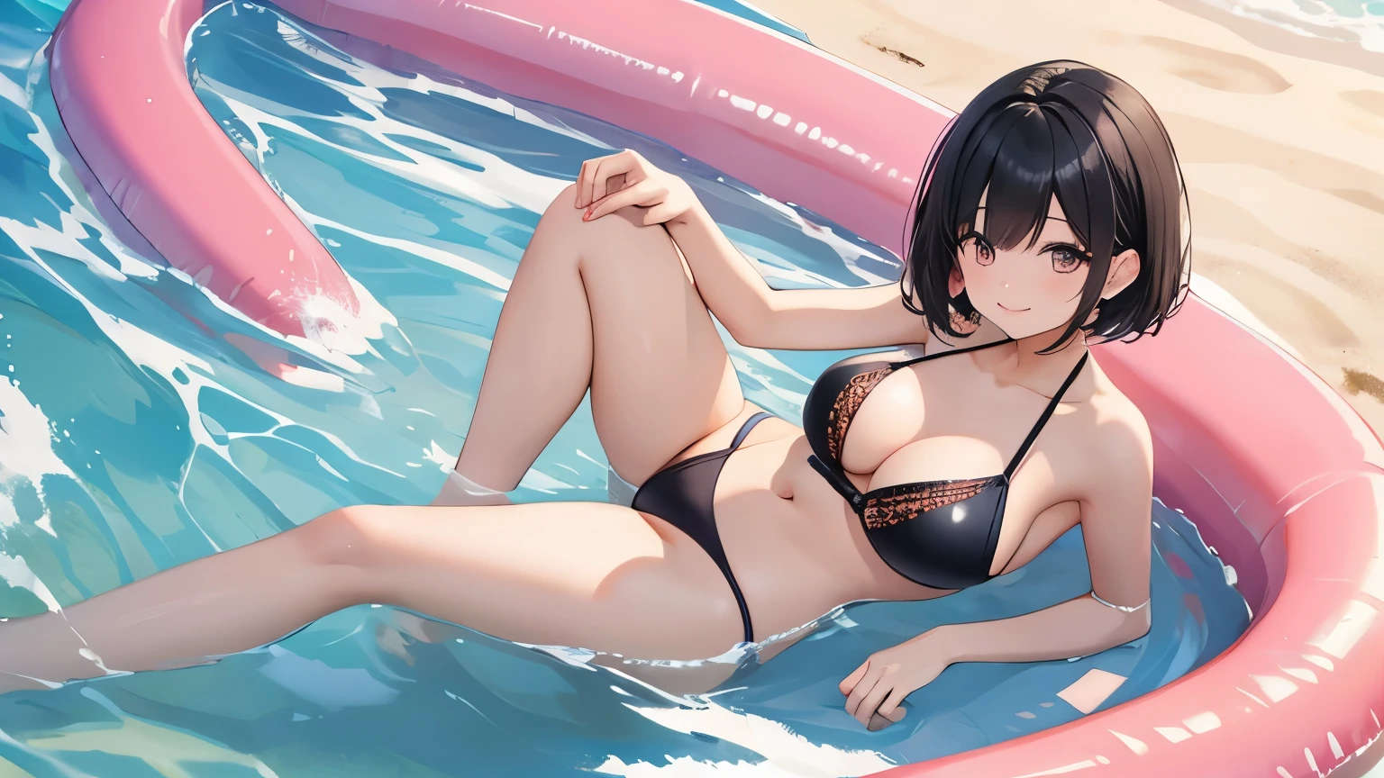 1woman、砂浜に横たわる水着woman、Black Hair、Short Hair、round face、Thin eyebrows、Glowing makeup、Long eyelashes、Double eyelids、Moist lips、Gravure pose、Salmon pink swimsuit、Perfect Slim Curve、An inviting smile、A seductive gaze、Allure Swimsuit、 Full Body Shot