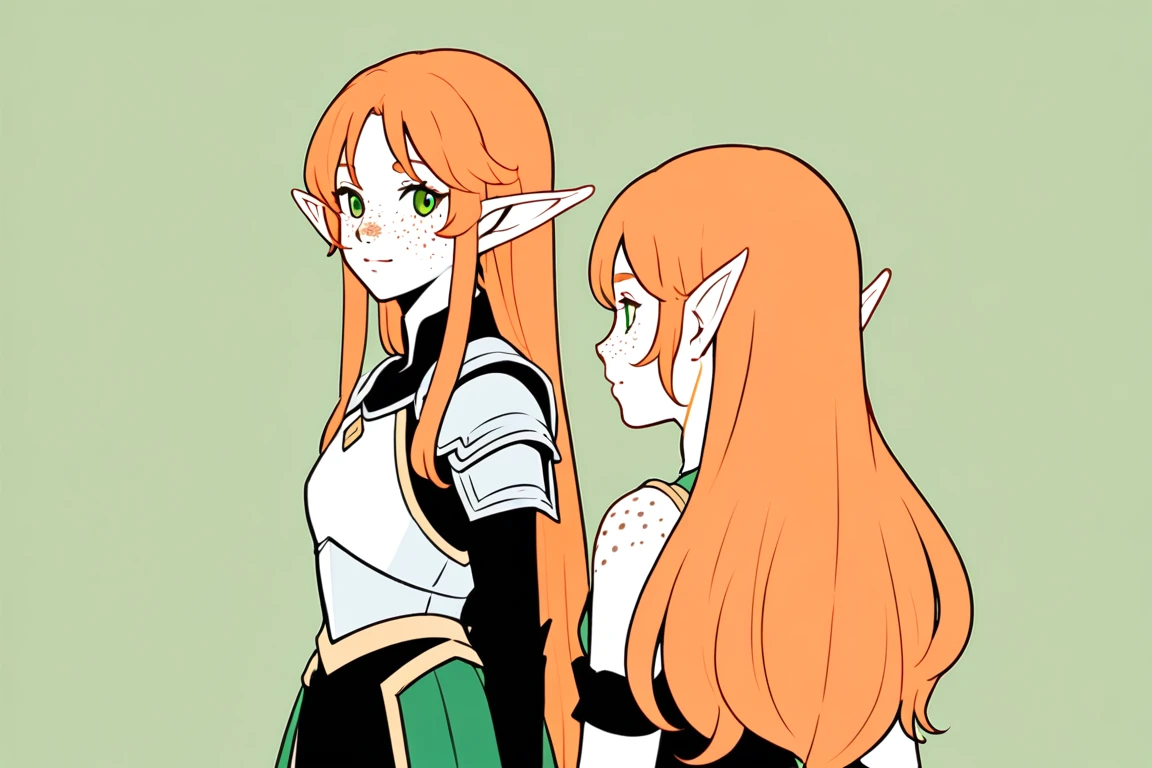 (The same character,front,side,back),Simple background,(whole body)girl,Orange hair,Self-made roll,Long hair,Green eyes,Look straight ahead,Freckles on the face,Armor,Elf ears,whole body