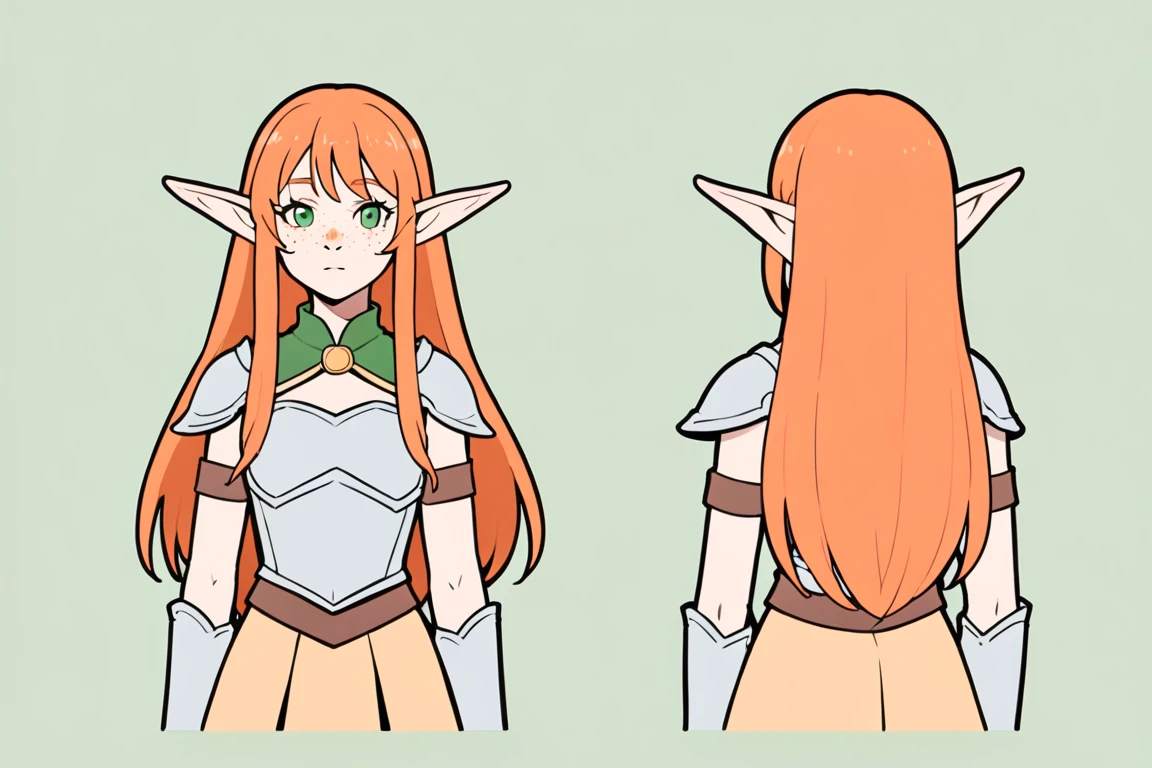 (The same character,front,side,back),Simple background,(whole body)girl,Orange hair,Self-made roll,Long hair,Green eyes,Look straight ahead,Freckles on the face,Armor,Elf ears,whole body