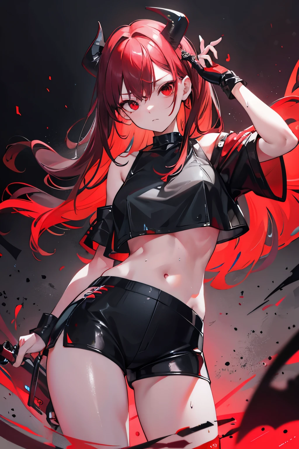 underdressing,indifferent,Red Eyes,Sweat,Soaked,liquid,transparent,Expression of disgust,Back,Cropped tops,Leather Shorts,succubus