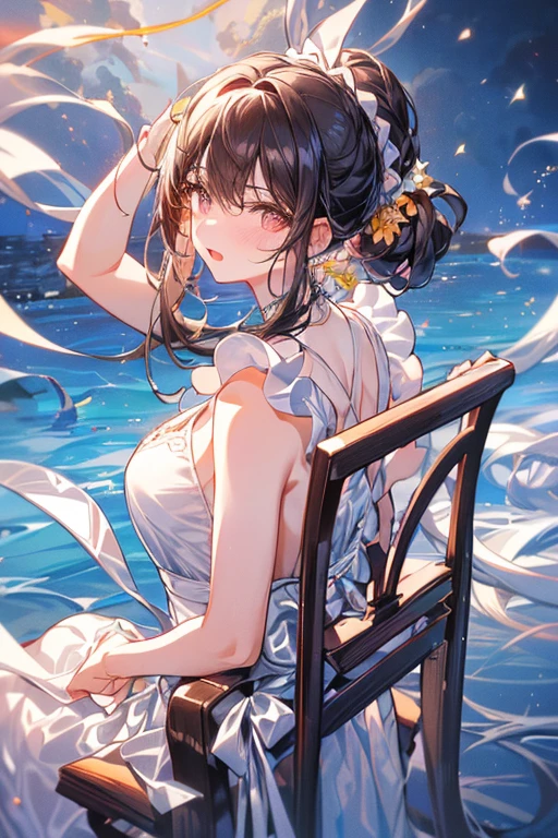 (from below:1.2),(from side:0.9), ((Face)), (Close-Up:0.4), (A masterpiece of image quality in 8K),(Beautiful Allafed Woman),(((emphasizing breasts:1.3))),(Dynamic angles),(Dynamic and sexy bending pose:1.3),(sit a chair:1.3),(Short hair in shiny silver and orange inner colors,large full breasts,Disturbance of clothing due to movement,breast slip,(Ponytail twisted buns adorned with elaborate braids and beads,Braided Setup Fishbone Hair:1.2),(see-through bangs),medium breasts,(((A brown lace apron that shows your bare skin from under your small breasts.......)))、Blush with embarrassment、Enraptured eyes、 open mouth,A smile that beguiles the viewer、(Look back:1.7)、Look into the photographer,skin glistening with sweat,gazing at viewer,,(Professional Lighting),(masutepiece,top-quality,Ultra-high resolution output image,),(Ultra HD with complex detail image modes),depth of fields,Beautiful hands,Beautiful fingers,Detailed finger features,(Detailed hair features:1.7),detailed facial features,detailed clothes features,
