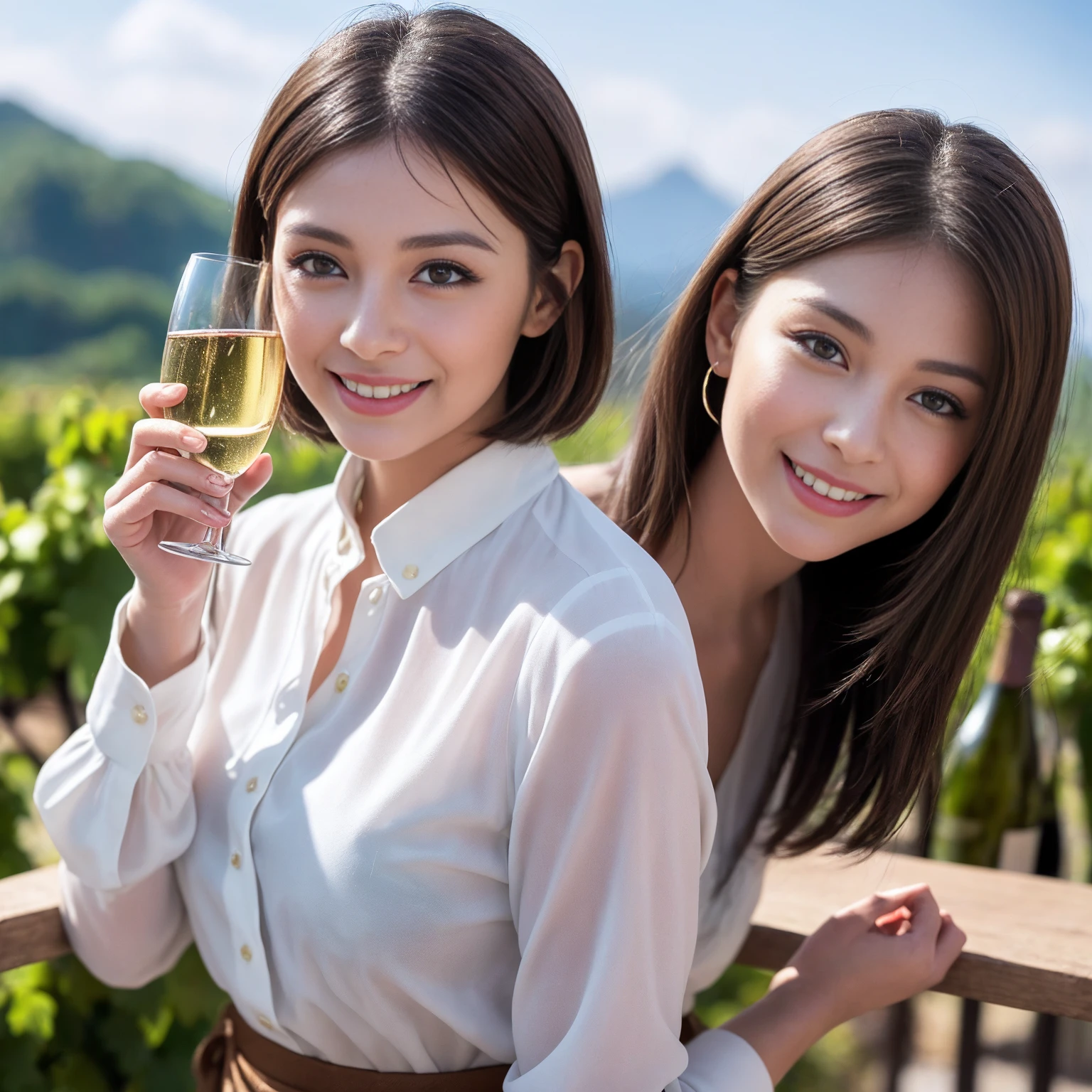 ((Highest quality、8k、masterpiece:1.3))、1 male、1 female、Couple、spouse、Couple、The body is slim、((Bob Hale、Straight hair:1.2)), (Realistic, Intricate details:1.2), テーブルの上のwine glass、Put the light on your face、 Amazing view of the sunset sky and clouds、Amazing mountain views、A bright smile、The wonderfulness of smile、Bright image、The beauty of wine, Beautiful Face, blue eyes, The light shines on your face, Blushing, short hair,Bright Face、 (Age 35), 39 years old, red wine 、Appetizers、Italian food、Wine bottle、Champagne、sparkling wine、Two beauties、Brown Hair、Shortcuts、Long sleeve shirt、dress、Pretty Woman 1, (slimな顔), (The body is slim), (Brown Hair), (Shortcuts), cheeks turn a little red,Attractive beauty、restaurant, In a prominent place (From the waist up) Nova Frog Style, actress, model, Upper Body, White wine, slim, wine glass, 中央に置かれたwine glass, smile, (smile: 1.15), Beautiful fine grain, Depth f/2,saturation, High Contrast, Strong light and shadow,Moist Body:1.5、3D texture、Delicate eyes、Brown Hair、The hair is very shiny、